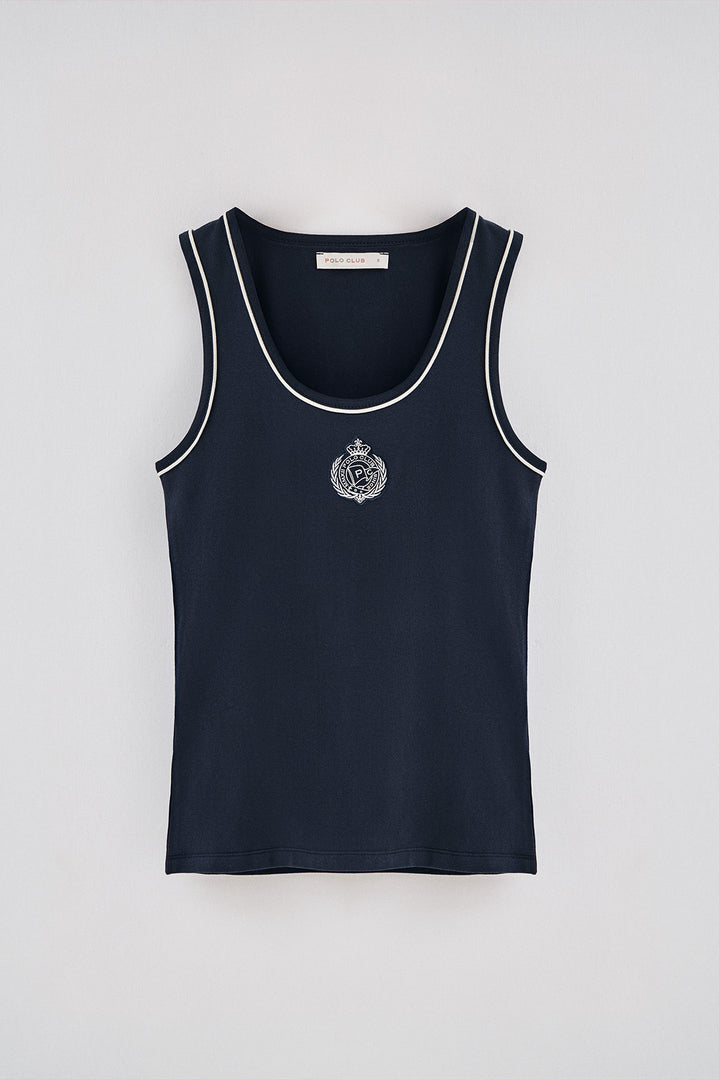 T-shirt azul marinho de alças com escudo náutico