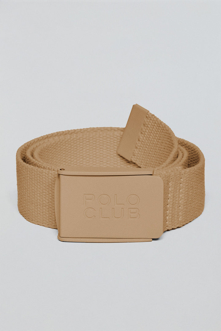 Cinto Brahim camel de lona com fivela logotipada
