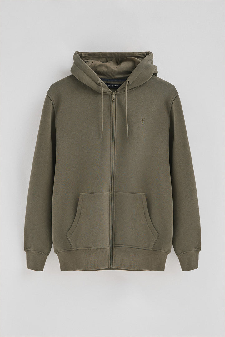 Sudadera verde militar con capucha y cremallera completa con logo Rigby Go