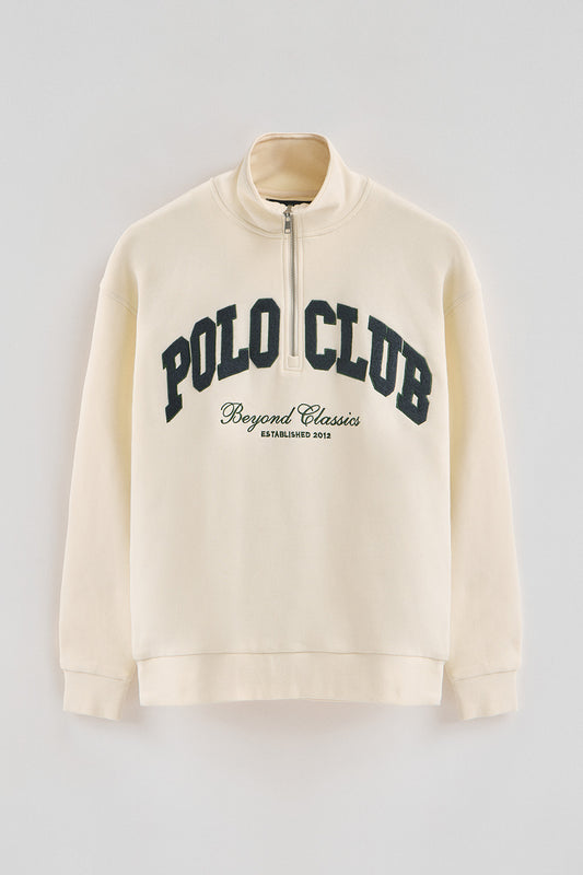 Zapinana pod szyją na zamek bluza w kolorze ecru, z logo Established 2012 Polo Club