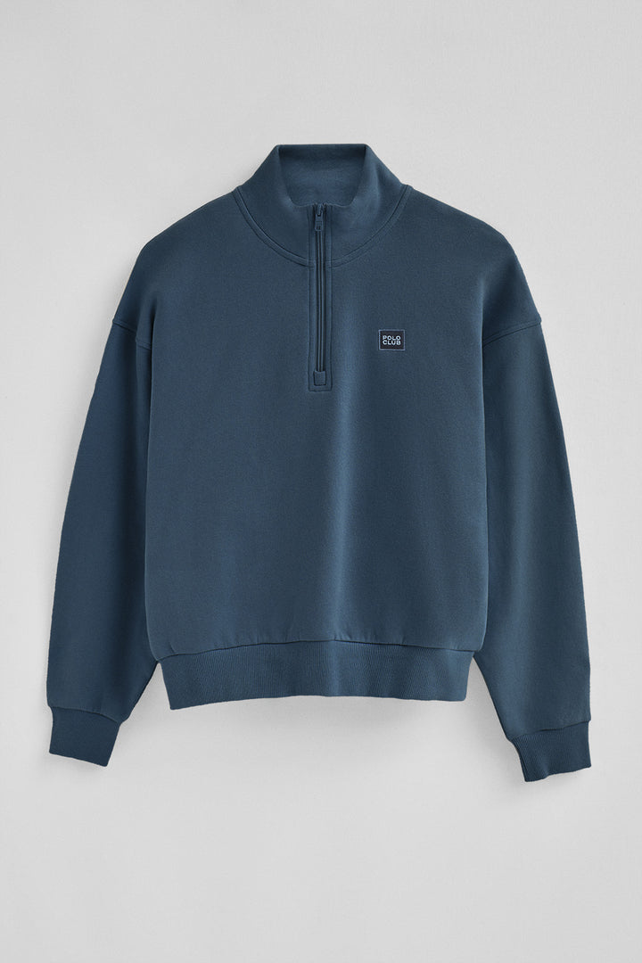 Sudadera azul denim de cuello alto y media cremallera con logo Polo Club