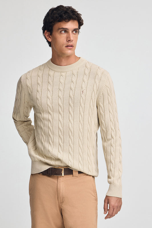 Pleciony sweter z dzianiny z mieszanki wełny w kolorze beżowym, z wyszywanym logo Rigby Go