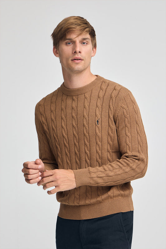 Jersey marrón vigoré de punto trenzado y mezcla de lana con bordado Rigby Go