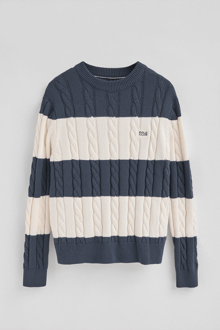 Jersey de rayas azul denim y crudo de punto trenzado en mezcla de lana con parche Polo Club