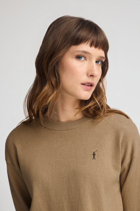 Sweter z okrągłym dekoltem, z mieszanki wełny w kolorze jasnobrązowym, z wyszywanym logo Rigby Go