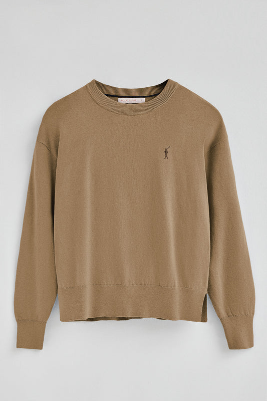 Sweter z okrągłym dekoltem, z mieszanki wełny w kolorze jasnobrązowym, z wyszywanym logo Rigby Go
