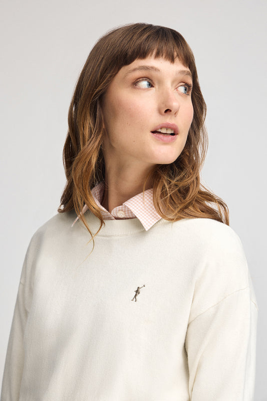 Sweter z okrągłym dekoltem, z mieszanki wełny w kolorze ecru, z wyszywanym logo Rigby Go