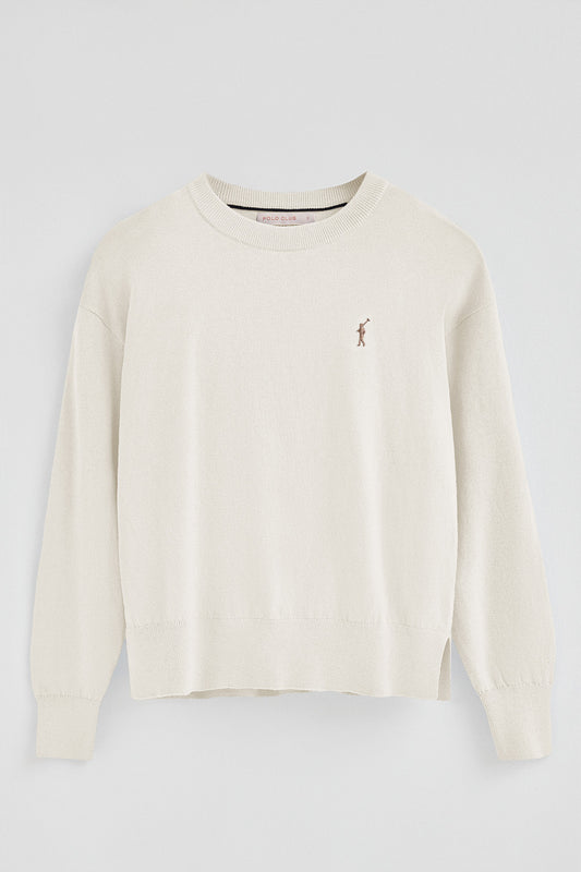 Sweter z okrągłym dekoltem, z mieszanki wełny w kolorze ecru, z wyszywanym logo Rigby Go