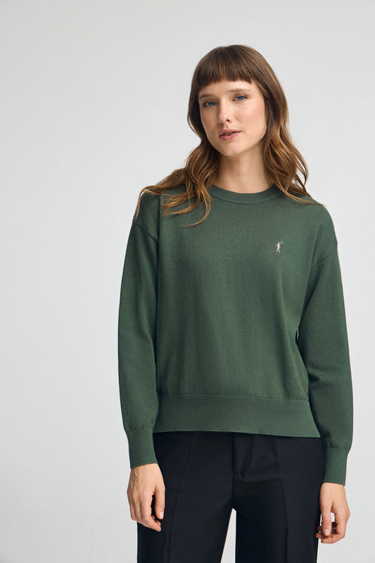 Sweter z okrągłym dekoltem, z mieszanki wełny w kolorze zgniłozielonym, z wyszywanym logo Rigby Go