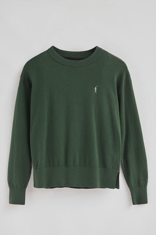 Sweter z okrągłym dekoltem, z mieszanki wełny w kolorze zgniłozielonym, z wyszywanym logo Rigby Go