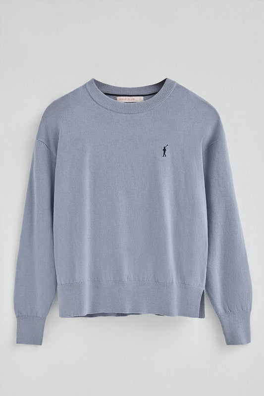 Sweter z okrągłym dekoltem, z mieszanki wełny w kolorze jasnoniebieskim, z wyszywanym logo Rigby Go