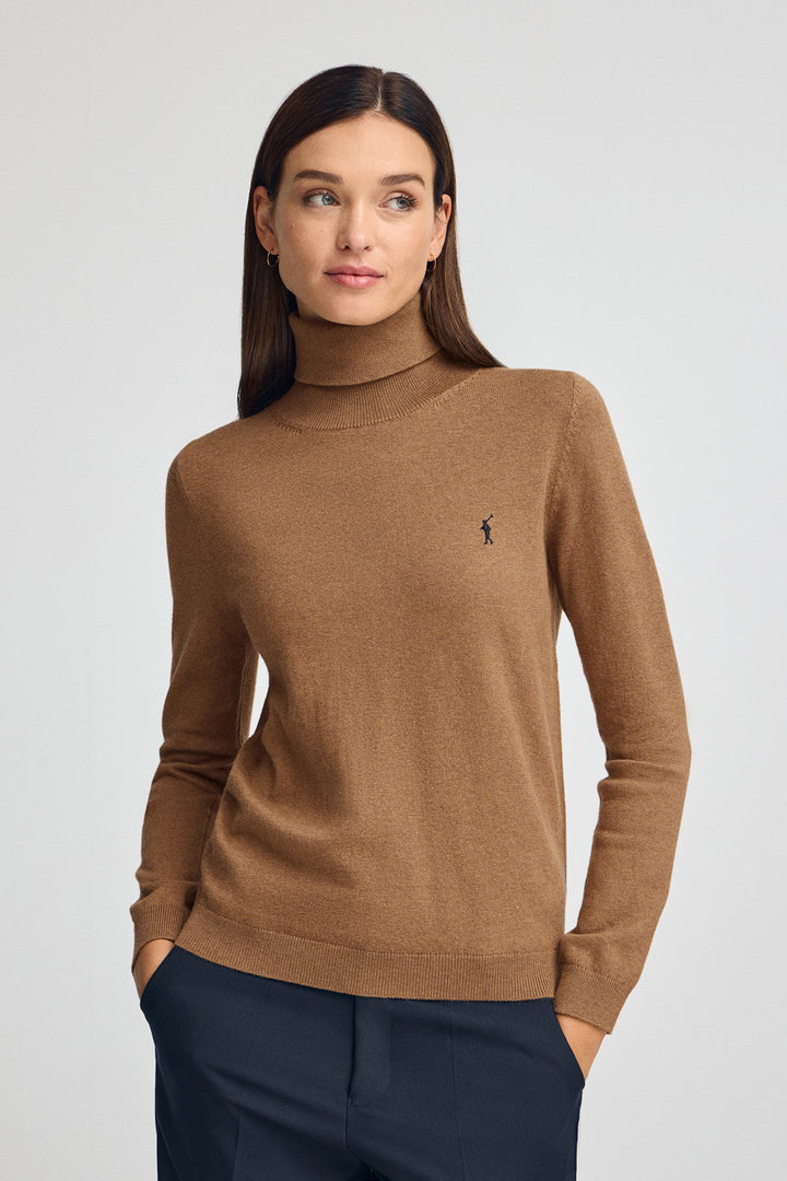 Camel-marl turtleneck wool-blend jumper with Rigby Go embroidery