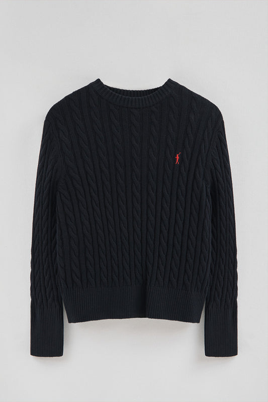 Sweter z mieszanki wełny w kolorze granatowym z okrągłym dekoltem i wyszywanym logo Rigby Go