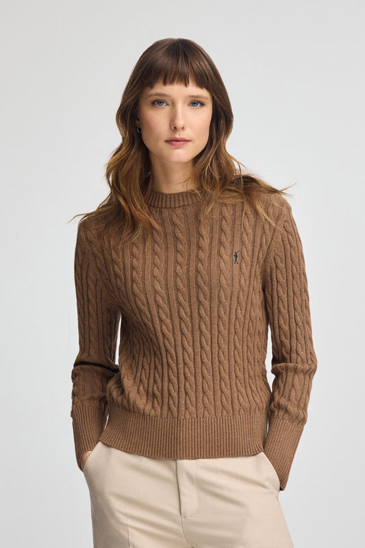 Camisola camel vigoré com decote redondo em mistura de lã com bordado Rigby Go