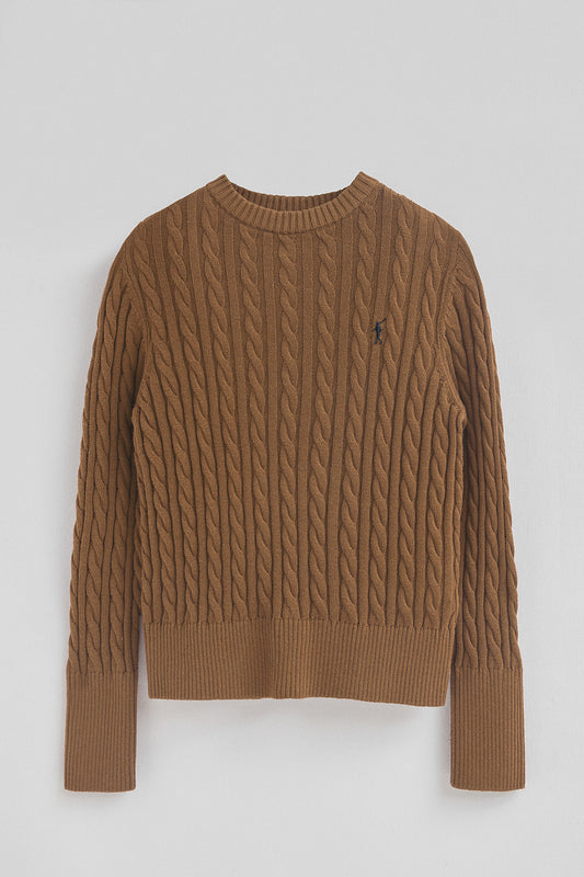 Camisola camel vigoré com decote redondo em mistura de lã com bordado Rigby Go