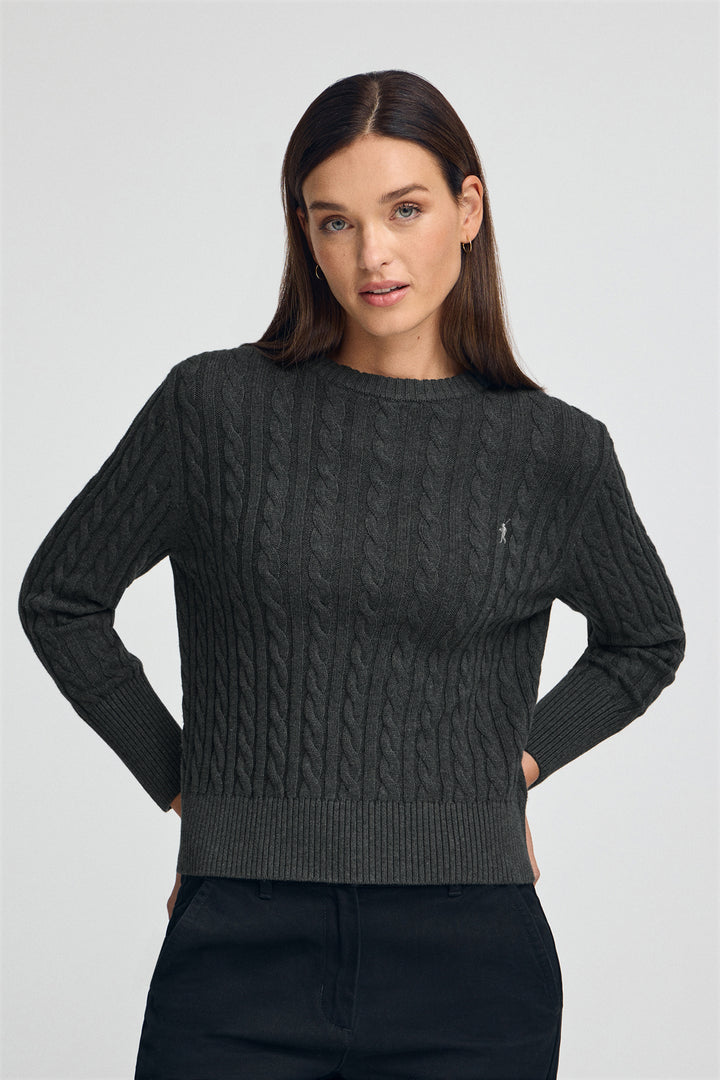 Dark-grey-marl round-neck wool-blend jumper with Rigby Go embroidery