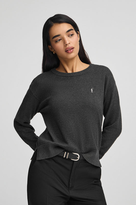 Sweter z mieszanki wełny w kolorze ciemnoszarym vigoré, z okrągłym dekoltem i wyszywanym logo Rigby Go