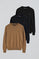 Pack hombre de tres jerseis negro, azul marino y camel vigoré de algodón con cuello redondo y bordado Rigby Go