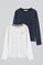 Pack de duas t-shirts de senhora de manga comprida em azul marinho e branco, com logo bordado Rigby Go.