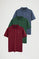 Pack hombre de tres polos en azul denim, verde botella y granate de manga corta y bordado Rigby Go