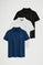 Pack hombre de tres polos negro, blanco y azul índigo de corte slim con bordado Rigby Go