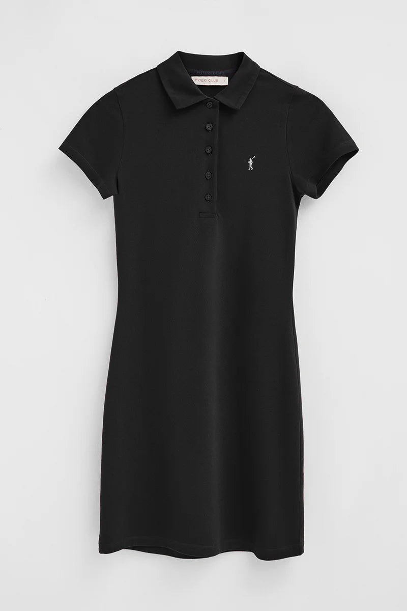 Black short polo dress with short sleeves and Rigby Go logo