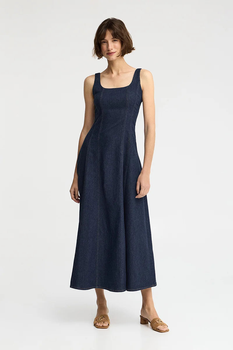 Mid-blue strappy denim dress with slim fit and Polo Club logo