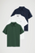 Pack hombre de tres polos azul marino, blanco y verde botella de corte regular con bordado Rigby Go
