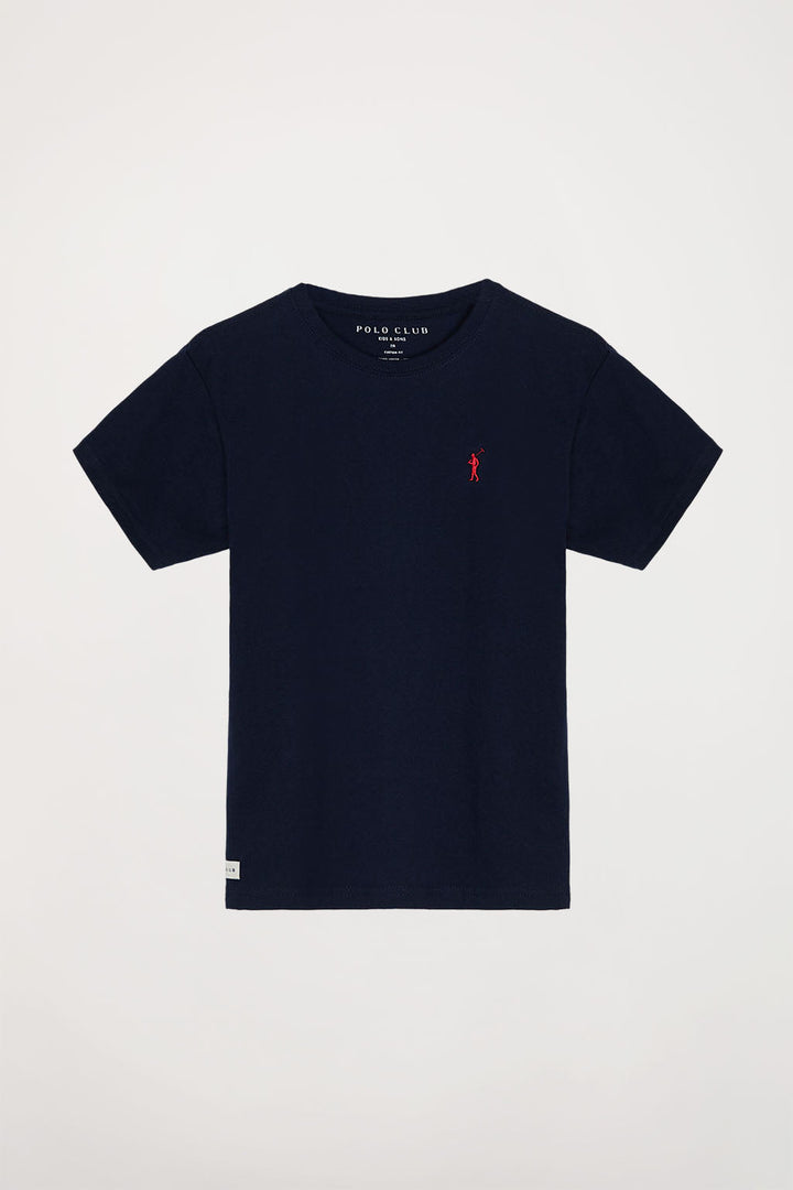 T-shirt azul marinho com pequeno logótipo bordado