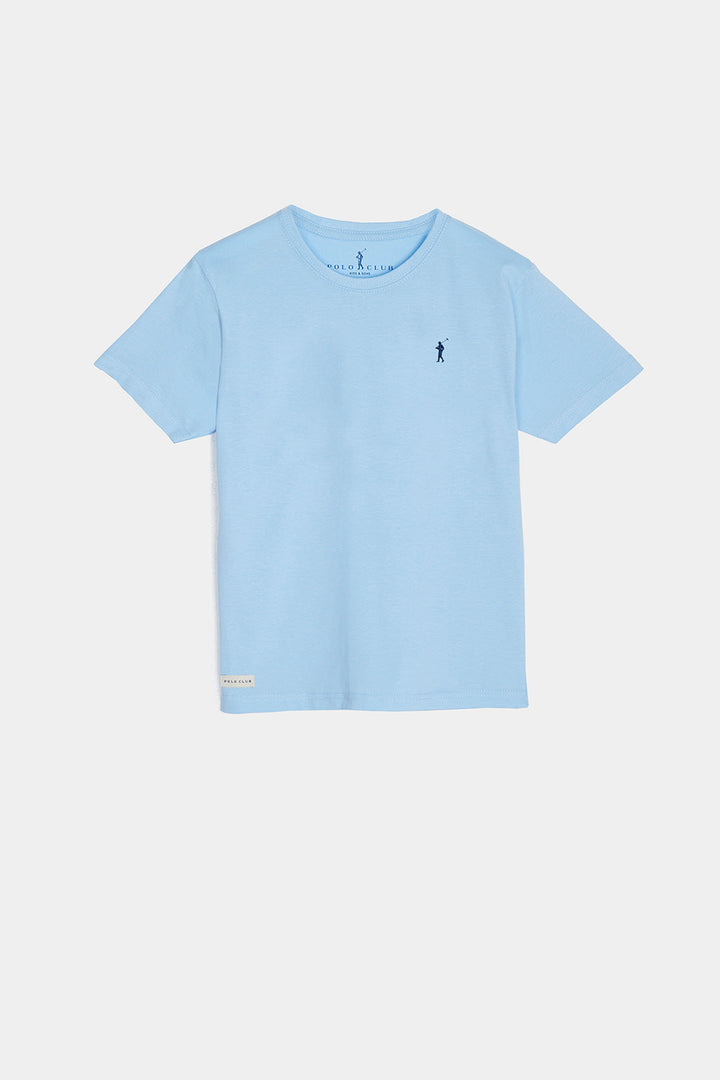 T-shirt azul celeste com pequeno logótipo bordado