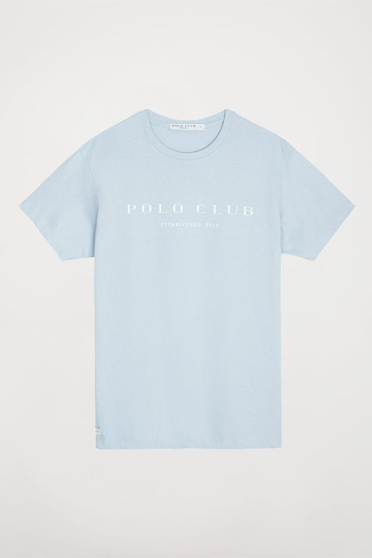 Camiseta orgánica azul pastel con estampación gráfica