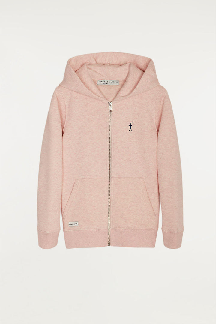 Sudadera orgánica kids rosa abierta con capucha y logo bordado