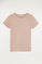 Camiseta de algodón orgánico rosa con detalle bordado cadeneta a contraste