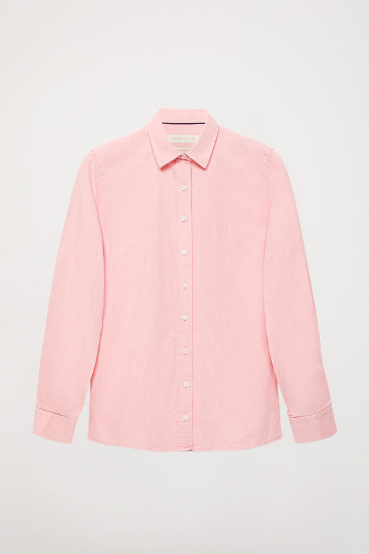 Camisa rosa bebé de algodón lavada con detalle bordado en el pecho