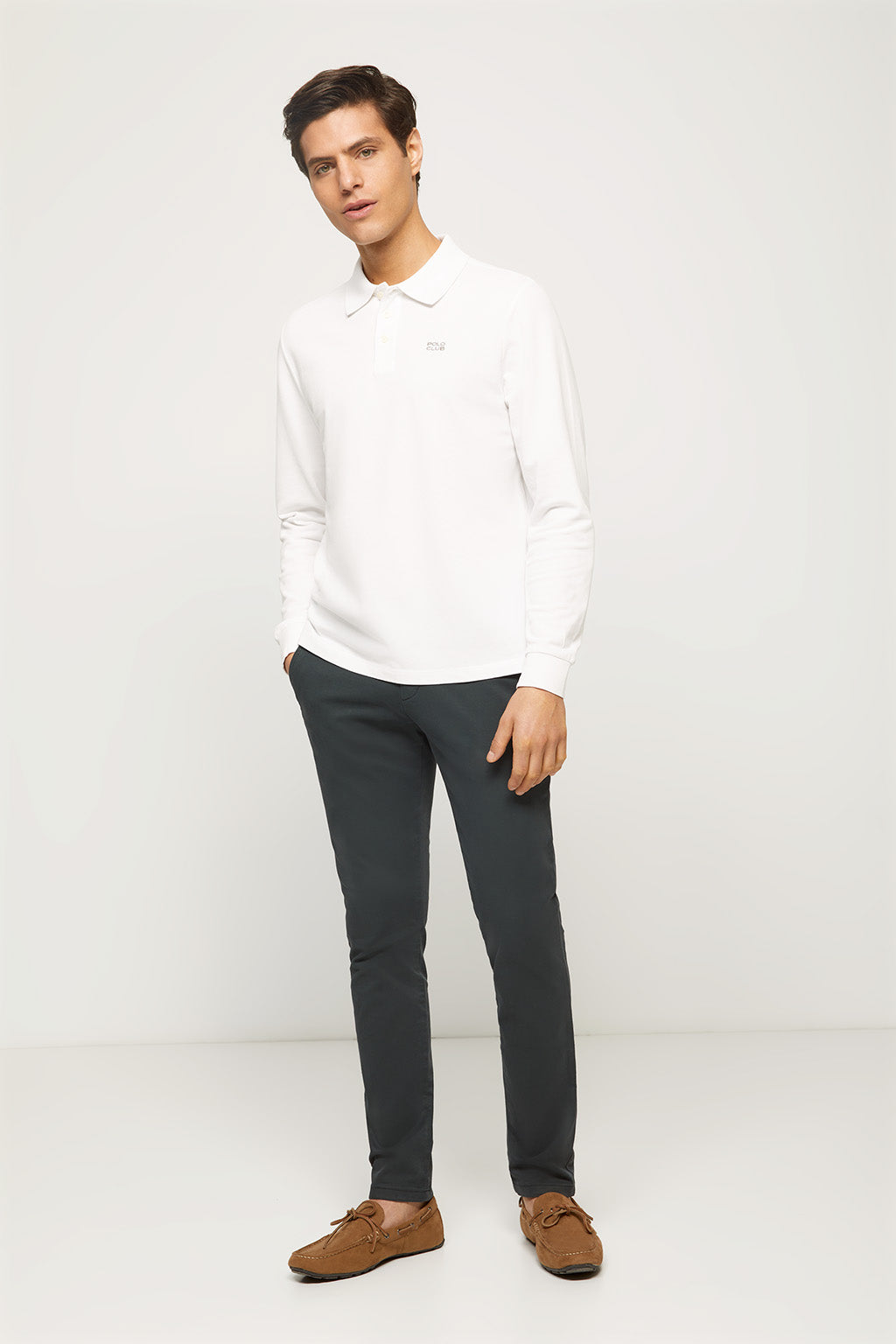 Polo de manga larga blanco piqué con logo bordado | HOMBRE  | POLO CLUB