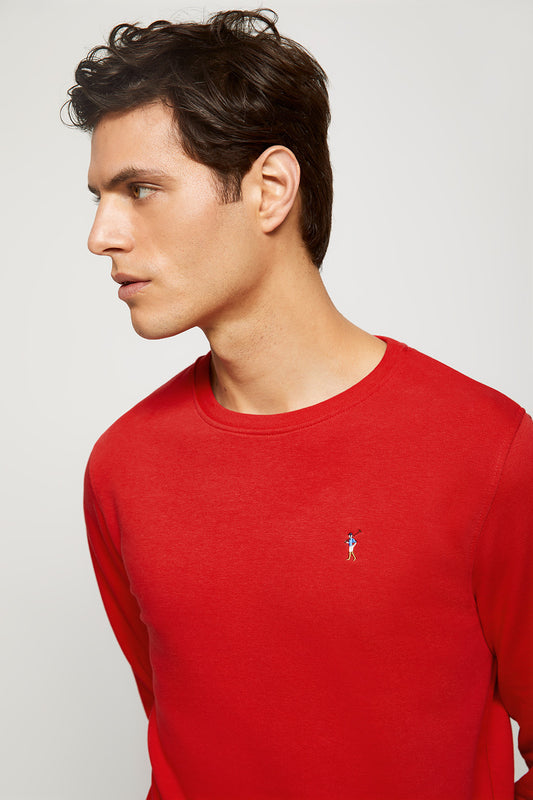 Sweatshirt orgânica vermelha com decote redondo e logótipo bordado multicolor
