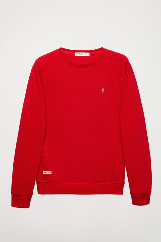 Sweatshirt orgânica vermelha com decote redondo e logótipo bordado multicolor