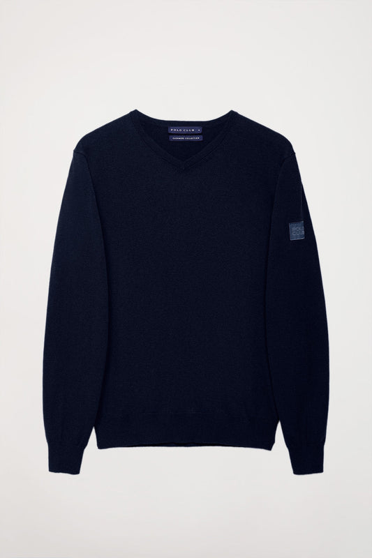 Navy-blue V-neck cashmere jumper