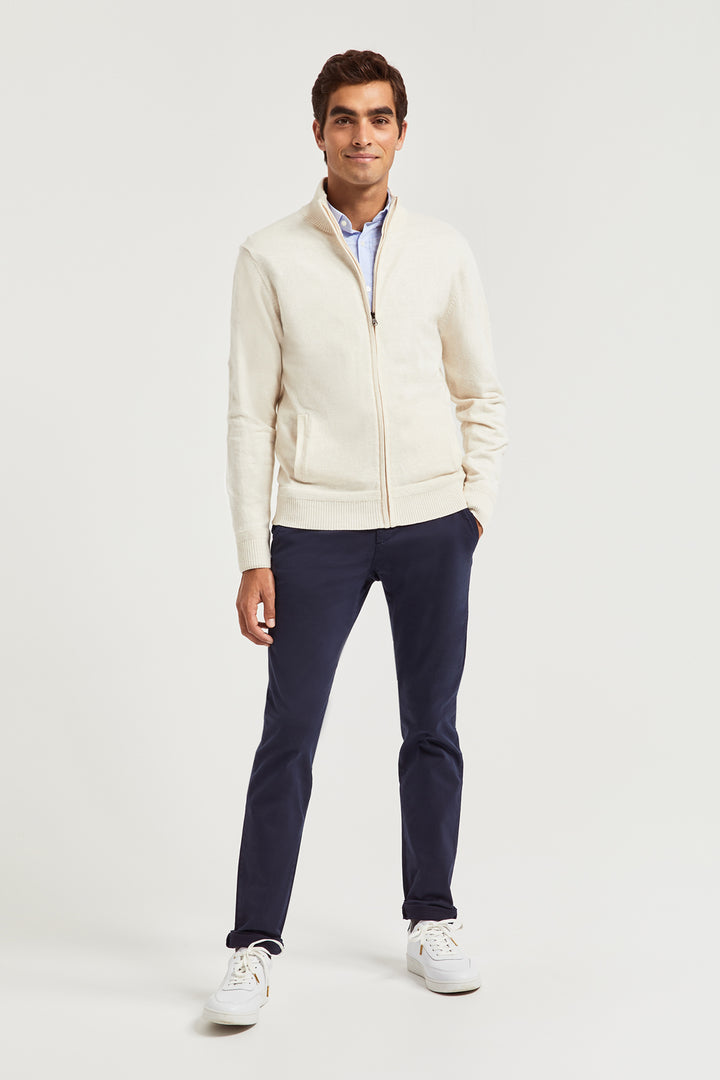 Cárdigan de cashmere beige con cremallera y logo en la manga