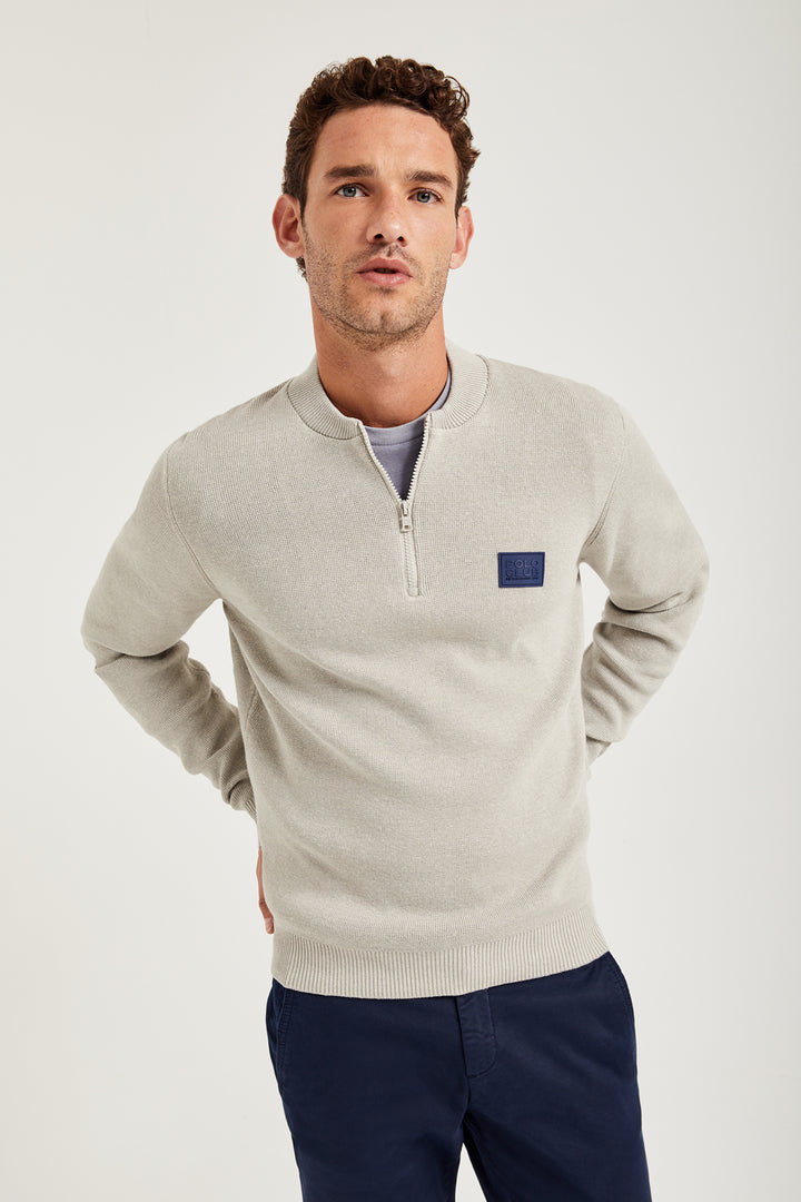 Jersey gris piedra de cremallera corta y parche Polo Club