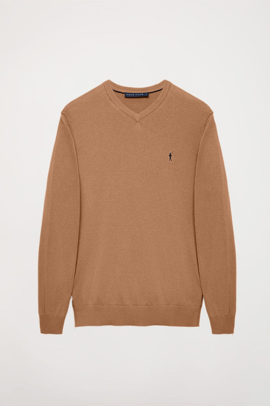 Camisola básica camel com decote em bico e logótipo Rigby Go