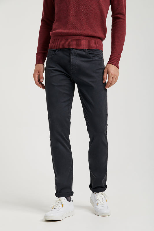 Dark-grey trousers with five pockets and embroidered logo