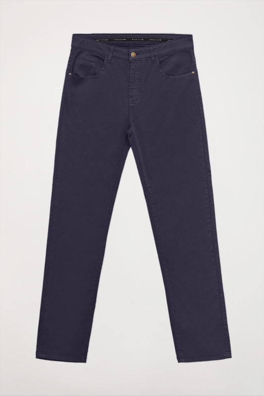 Pantalón azul marino de cinco bolsillos con logo bordado