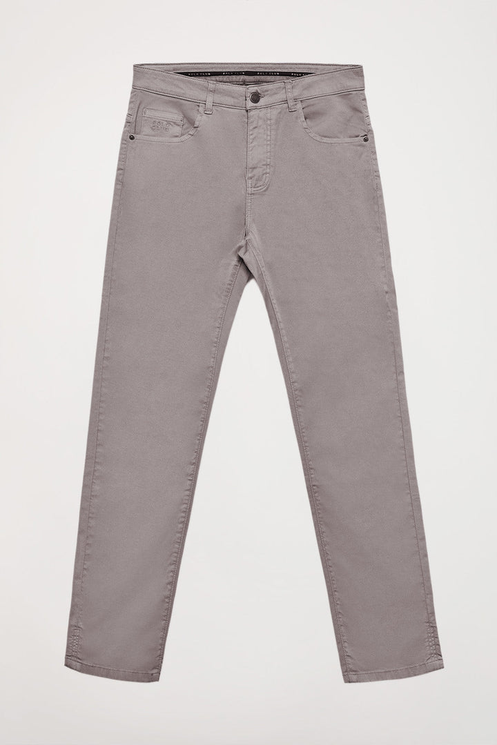 Grey trousers with five pockets and embroidered logo