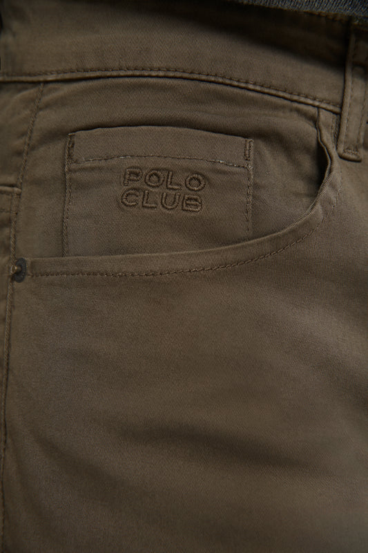 Dark-green trousers with five pockets and embroidered logo