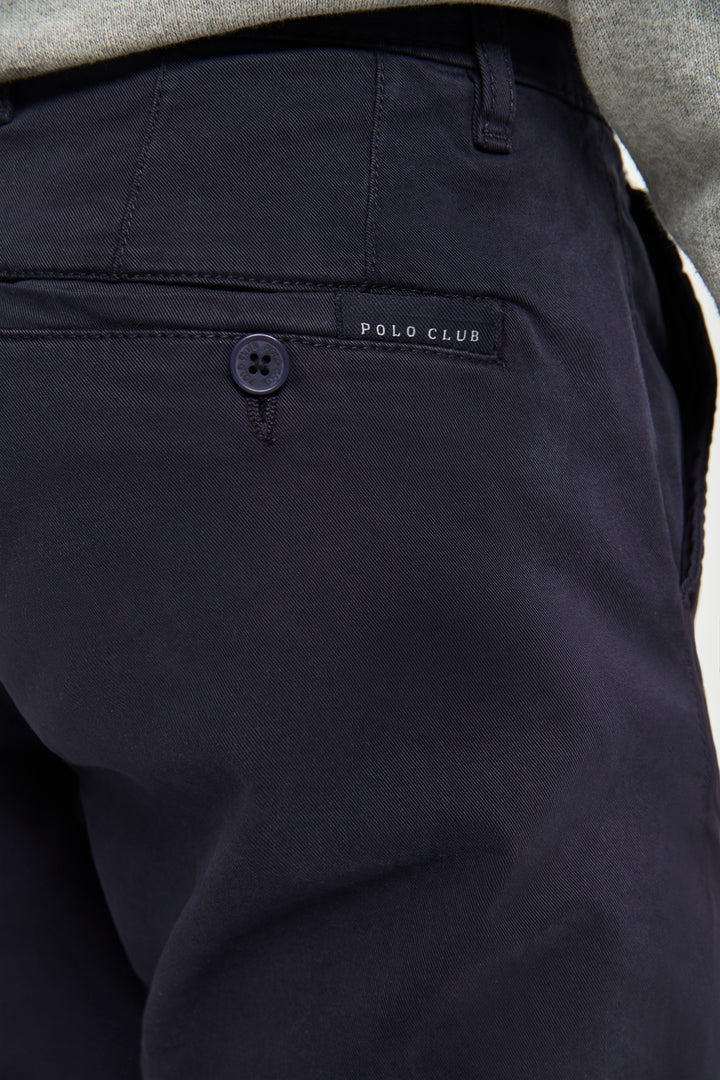 Calças chino azuis marinhas em algodão elástico com pormenores Polo Club