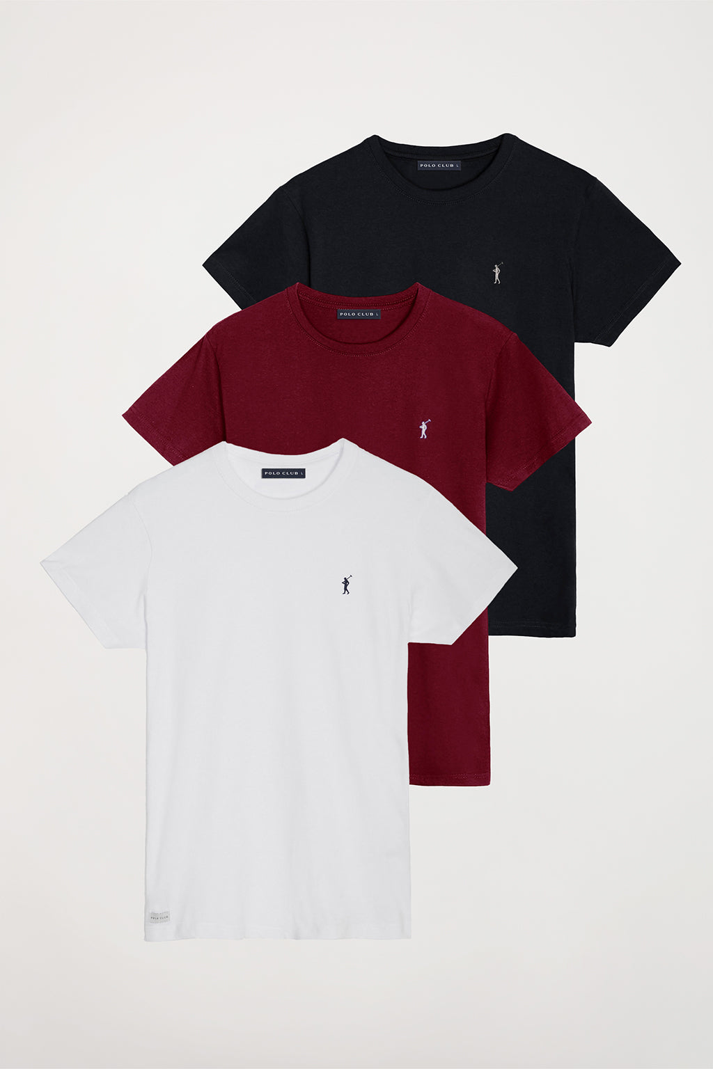 Pack de tres camisetas negra, blanca y burdeos con cuello y lo – Polo Club