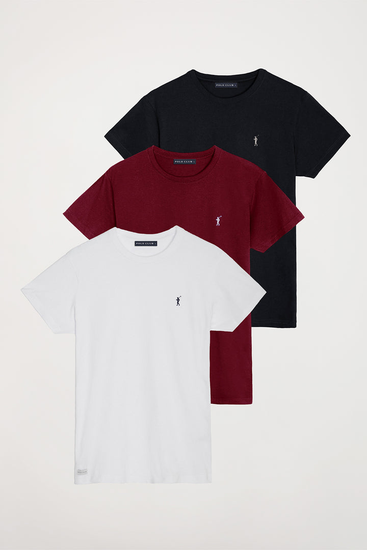 Pack de três t-shirts preta, branca e bordeaux com decote redondo e logótipo Rigby Go