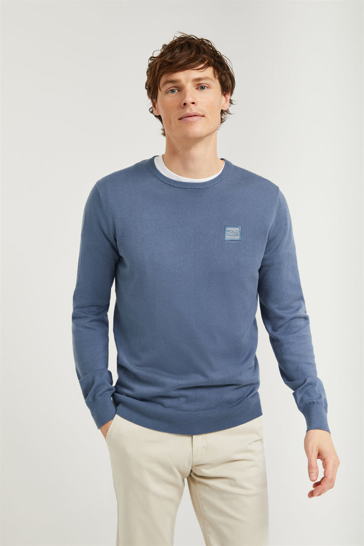 Denim-blue round-neck basic jumper with Polo Club logo