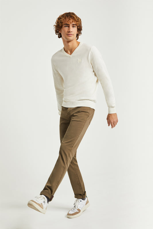 Beige V-neck basic jumper with Polo Club logo